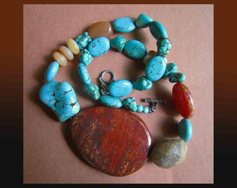 PETRIFIED Wood, Turquoise and Agate Stone Necklace, Decorative Sterling Silver Clasp, ATI Mexico, Vintage Jewelry, Women/Unisex