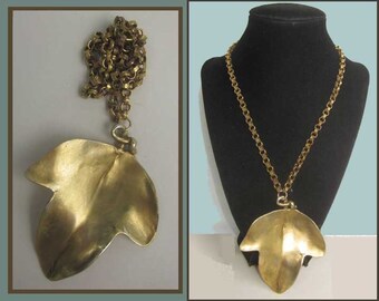 IKUO Paris, Big Big Leaf Pendant Brooch, Gilt Brass Statement Necklace, Japanese Designer Ikuo Ichimori, Paris, Vintage Jewelry/Women/Unisex