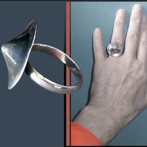 Anillo modernista de plata de ley, de corte inclinado y puntiagudo, de mediados de siglo, posiblemente argentino, joya vintage.