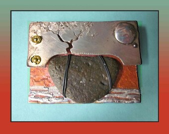 ROCK Solid, Artisan Hand Signed Brooch with Pebble, Cut and Textured Tree, Mixed Media Mid Century Jewelry Artist, Vintage Jewelry/Unisex
