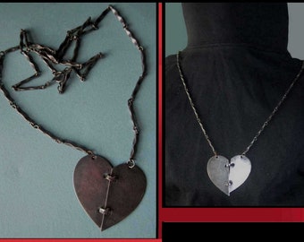 Modernist Split Heart Pendant, Long Interesting Chain, Love Token, Heartbroken Token, Lovers Gift, Two Hearts as One, Vintage Jewelry/Unisex