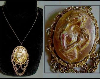 Girl with a POSY, Romantic Pendant Brooch, Gold Tone Portrait, Victorian Revival Style, Figural Pin, Ornate SettingTraditional Jewelry/Women