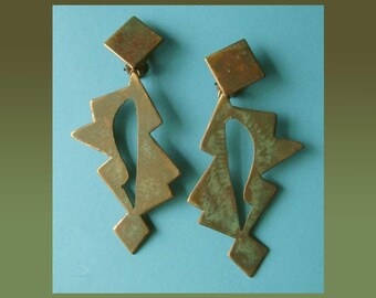 ANGULAR Bruts, Big Bold Verdigris Patina Clip Ons, Designer Signed Modernist Earrings, Jérémie Barthod, Made in France, Jewelry Women/Unisex