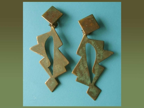 ANGULAR Bruts, Big Bold Verdigris Patina Clip Ons… - image 1