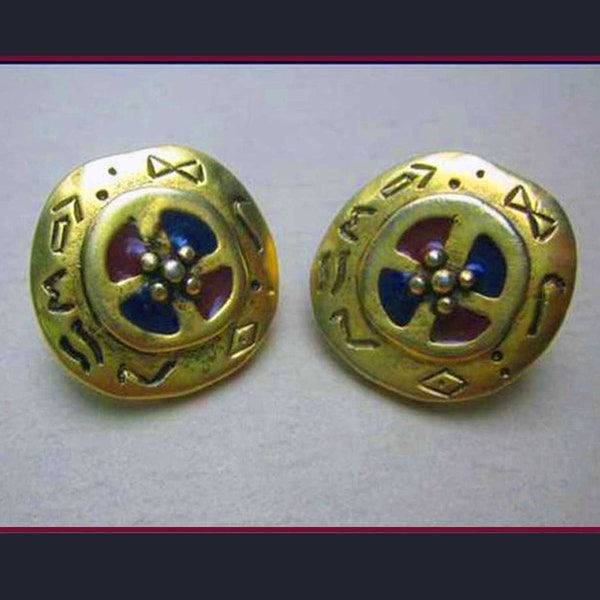 Medieval Style Gilded Earrings, Blue and Red Enamel Decoration, Ancient Symbols, Designer Signed C. Stein, Vintage Jewelry/Women