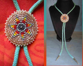 BEADED Bolo, Star Design Beaded Disc with Leather Backing, Turquoise Color Woven Cord, Vintage Jewelry, Unisex