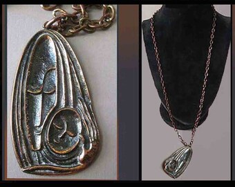 Hungarian MOTHER and CHILD, Artist Pendant, Mary/Jesus, Mid Century Modernist, Very Long Chain, Baby/New Mother Gift, Vintage Jewelry,Unisex