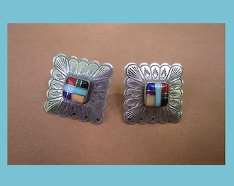DELICATE Sterling Silver/Stone Inlay Incised and Perforated Earrings, Signed QT, Zuni Pueblo, Southwest Style, Vintage Jewelry