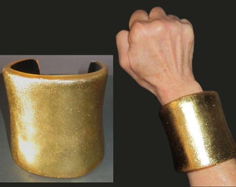 I Am WOMAN, Tall Gold Color Resin Cuff, Big and Sparkling, Bold Statement Bracelet, Runway or High Fashion Style, Vintage Jewelry Women