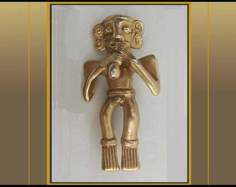 GOLDENER Junge, Repro präkolumbianischer Flötenspieler, Nachbildung des Alva-Museums, vergoldete Maya-Figurenbrosche, Musikerfigur, Vintage-Schmuck, Unisex