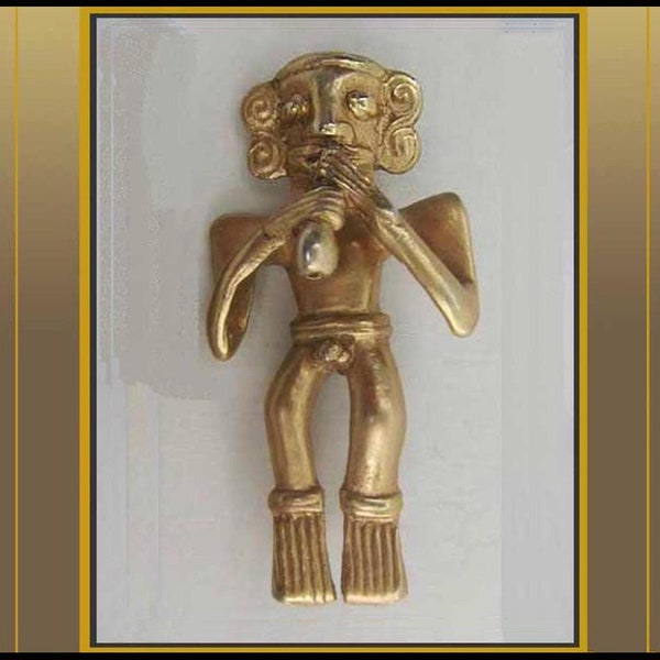 GOLDEN Boy, joueur de flûte traversière précolombien Repro, réplique du musée d'Alva, broche figurative maya dorée, figure de musicien, bijoux vintage, unisexe