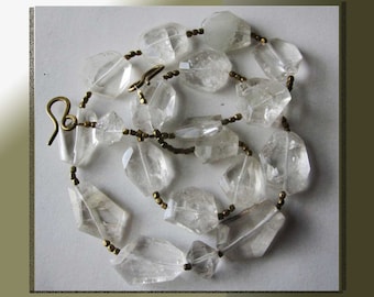 Crackling COOL, Modernist Rock Crystal/Bronze Seed Bead Necklace, Clear Faceted Beads, Brass Hooks Closure, Vintage Jewelry, Women