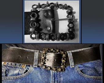 NUTS and Bolts--Big Brutalist Belt Buckle, Black Leather Belt, Industrial Chic, Hardware Belt, Edgy Urban Belt, Vintage Accessories,Unisex