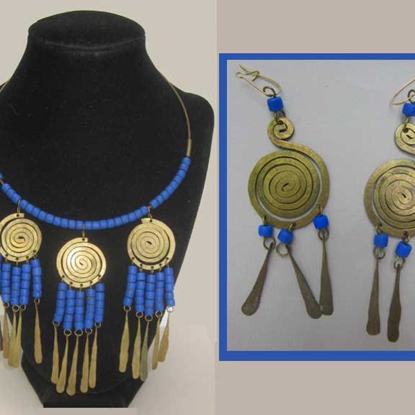 Boho FRINGE-Brass Swirl/Faience Beads Fringed Torque Necklace and Long Dangle Earrings,Hippie Girl,Vintage Jewelry,Women