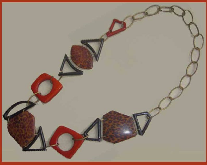 Resin and Brass Link Necklace Leopard Design Print Vintage Jewelry Hot Orange and Black Geometric Links Women JAZZY