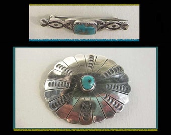 NATIVE Beauts Lot, Two Navajo Silver and Turquoise Pins, Scalloped and Stamped, Southwestern Brooches, Western Wear, Vintage Jewelry/Unisex