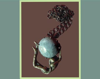 Brutalist Bronze Atlas Pendant, Large Variegated Green Stone, Style of Pal Kepenyes, Mid Century Modernist, Unisex Jewelry