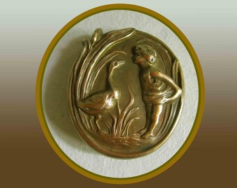 Goose Girl, 1920s Era Pressed Brass Brooch, Bros Grimm Fairy Tale, Vintage Jewelry, Women