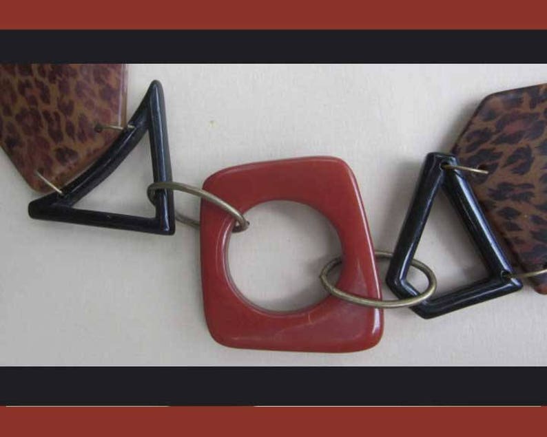 Resin and Brass Link Necklace Leopard Design Print Vintage Jewelry Hot Orange and Black Geometric Links Women JAZZY