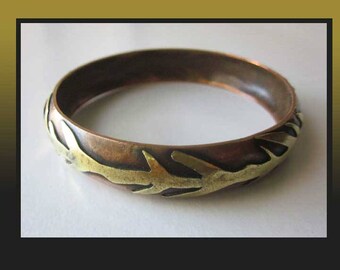 BRANCH Out.. Mixed Metals Brutalist Banglet, Brass on Copper Modernist Bracelet, Abstract Branch Motif, Small Wrist, Vintage Jewelry, Women