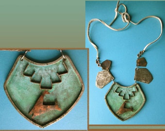 KEN BELDIN Brutalist Medallion Necklace, Copper Elk/Oxidized Shield, Green Patina, Outsider Folkloric Style, Made in Mexico, Vintage Jewelry