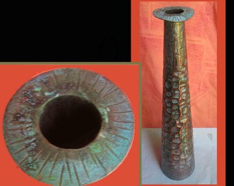 HUNGARIAN Modernist, Tall Hammered Copper Vase With Patina, Lazlo Domotor, Mid Century Modern Housewares