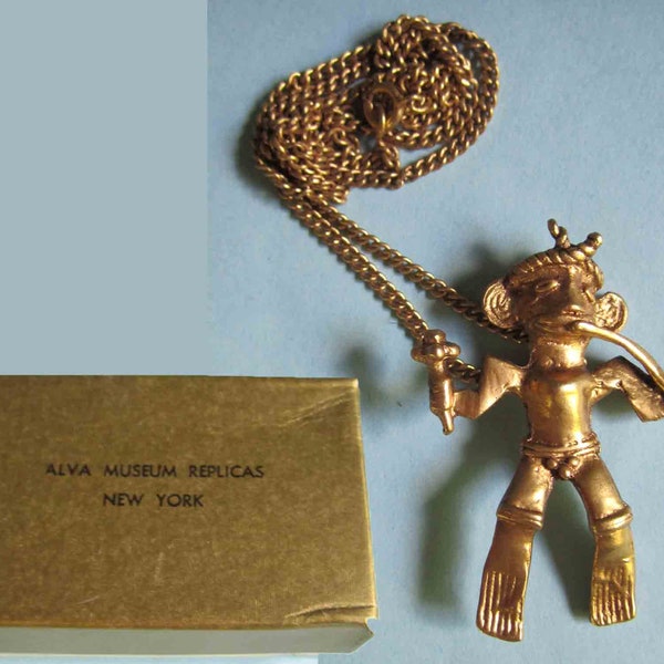 GILDED Youth, Alva Museum Replicas Pre Columbian Flute Player, Unused In Original Box/Documentation, Richly Gilded, Vintage Jewelry/Unisex
