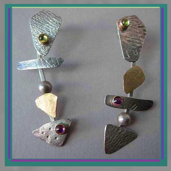 MIS-MATCH, Unique Artisan Dangle Earrings, 14k Gold/Sterling, Mokume Gane, Peridot Amethyst Gems, Initial Signed, Vintage Jewelry,Women