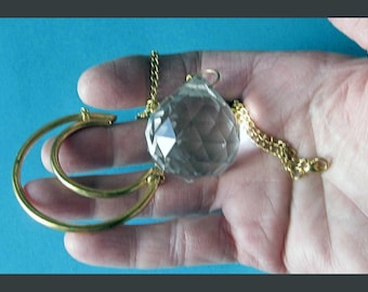 MOON Crystal, Large Faceted Crystal Pendant With Crescent Moon on Bright Faux Gold Chain, Costume Jewelry, Vintage Jewelry, Women or Unisex