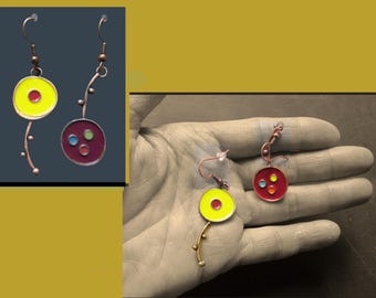Mis-MATCH, Modernist Enamel Dangle Earrings, Deliberaetly Different Designs, Enamel on Copper, Vintage Jewelry, Women