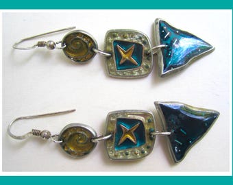 Rachel Arvio Resin and Pewter Dangle Earrings, Turquoise and Gold Colors, Vintage Jewelry, Women