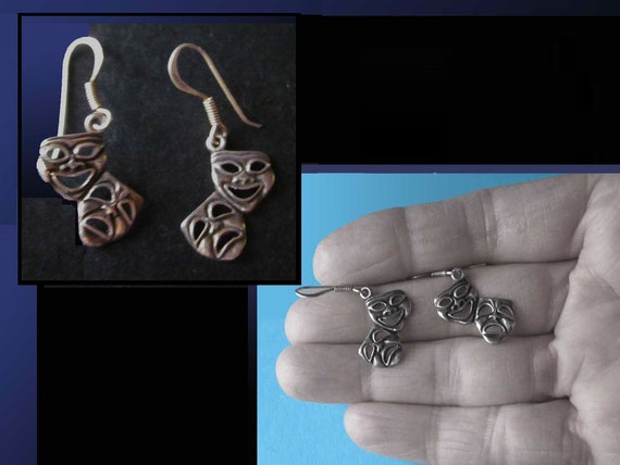 DRAMCOM, Sterling Silver Dramatic Masks Dangle Ea… - image 1
