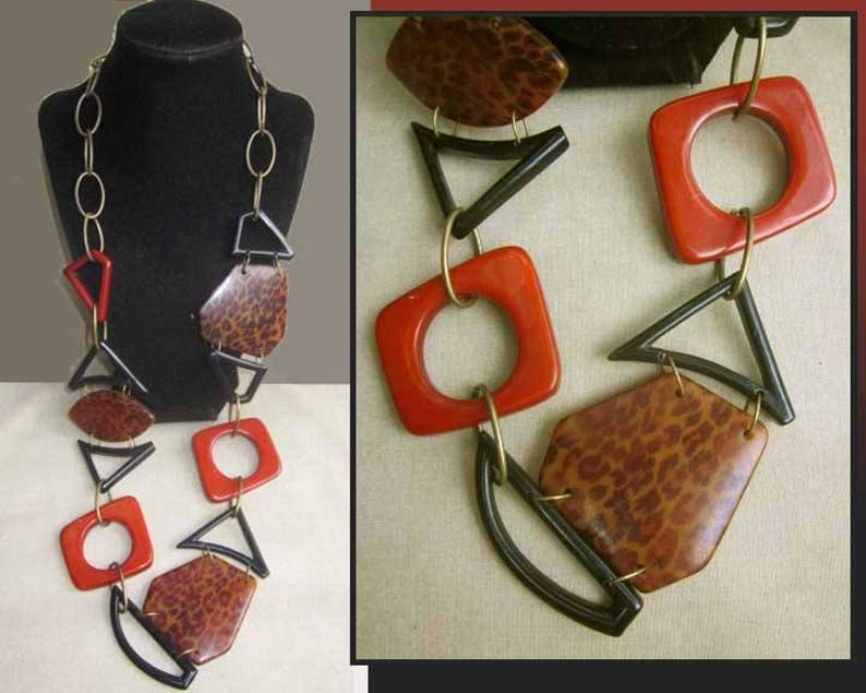 Resin and Brass Link Necklace Leopard Design Print Vintage Jewelry Hot Orange and Black Geometric Links Women JAZZY