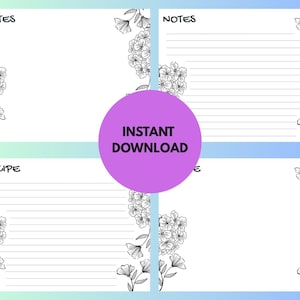 Op de afbeelding: Digitale download met vier panelen met bloemenhoekontwerpen. Twee panelen zijn gelabeld met "NOTES" en twee met "RECIPE". Het midden heeft een paarse cirkel met de woorden "INSTANT DOWNLOAD". Elk paneel heeft een witte achtergrond met zwarte bloemenillustraties.