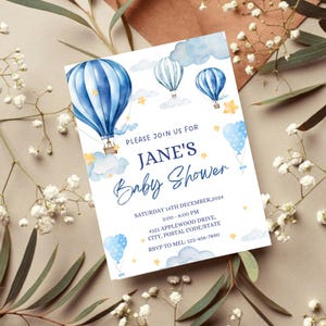 Balão de ar quente, azul, convite para chá de bebê, convite personalizado, convite de aniversário, bebê menino, cartão azul, download digital.