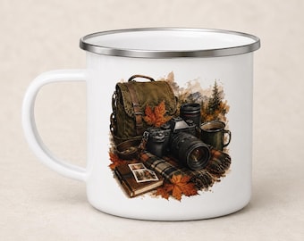 Photography Enamel Mug Camera Enthusiast Gift Idea Photographer Birthday Camping Drinkware Outdoor Coffee Vessel Metal 12 Oz Hiking Beverage