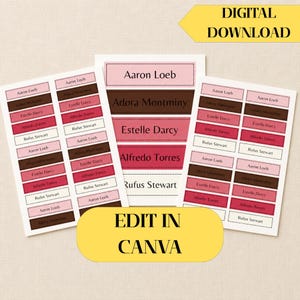 Op de afbeelding: Drie vellen met rechthoekige labels met namen zoals Aaron Loeb, Adora Montminy, Estelle Darcy, Alfredo Torres en Rufus Stewart in diverse tinten roze, rood en bruin. De tekst DIGITAL DOWNLOAD en EDIT IN CANVA is zichtbaar.