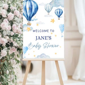 Balão de ar quente, Azul, Placa de boas-vindas para chá de bebê, Placa de boas-vindas personalizada, Placa de aniversário, Bebê menino, Cartão azul, Download digital.
