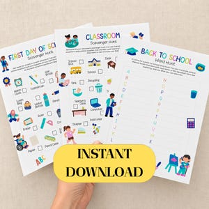 Pode incluir: Três folhas de atividades em papel branco com ilustrações coloridas e texto. As folhas são intituladas First Day of School Scavenger Hunt, Classroom Scavenger Hunt e Back to School Word Hunt, com caixas de seleção e listas alfabéticas.