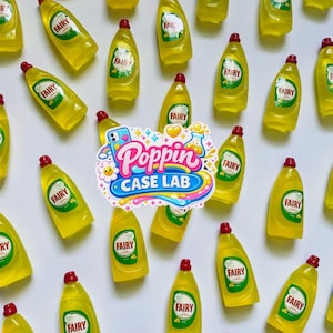 May include: A collection of miniature yellow dish soap bottles labeled Fairy, arranged in a grid pattern. In the center, a colorful sticker features the text Poppin CASE LAB with a cartoon smartphone, a flower, and a beaker icon.