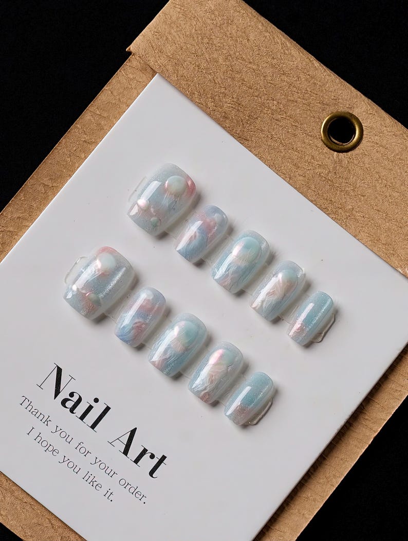 Kawaii Jellyfish Cat's Eye Nail/blue Nail/handmade Press on Nail/medium