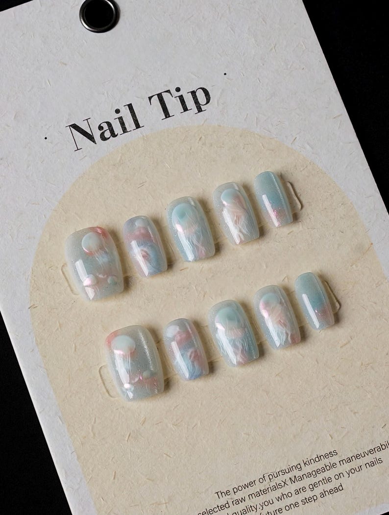 Kawaii Jellyfish Cat's Eye Nail/blue Nail/handmade Press on Nail/medium