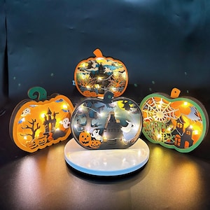 3D Hollow Carving Pumpkin Decorations,Wooden Pumpkin Lanterns,Wooden Castles/Ghosts/Witches,Pumpkin Night Lights,Halloween Gifts