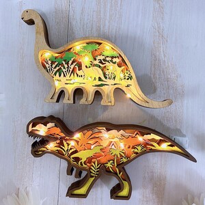 Wooden Carved 3D Natural Animal Decor with light,Wooden Dinosaur Scene,Dinosaur Desktop Ornaments,Dinosaur Toys For Child