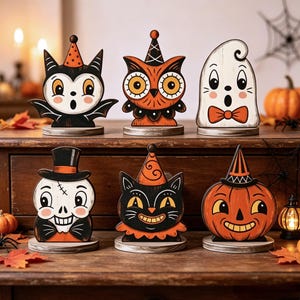 Decorazioni di Halloween vintage per interni, decorazioni di Halloween primitive, blocco di legno retrò per decorazioni di mensole, scheletro, fantasma carino, zucca, gufo strega, gatto nero