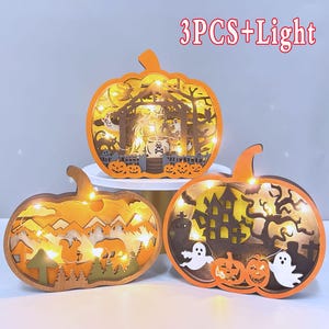 Halloween Pumpkin With Warm Lights,3D Hollow Carving Pumpkin Horror Castle,Halloween Wooden Pumpkin Desk Décor,Halloween Spooky Home Décor