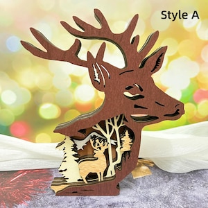 2024 Xmas 3D Wooden Elk/Wolf Home Decor With LED Light, Hollow Rustic Winter Holiday Decor,Wooden Animal Figurines Lamp Desk Decor