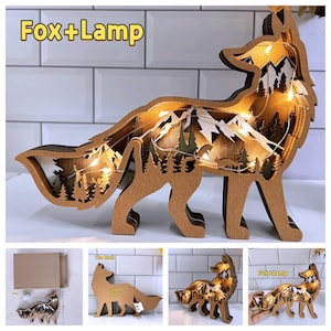 Handmade  3D Wooden Carved Fox LED Light, Wooden Forest Decoration Ornament, Glowing Animal Light, Wooden Fox Lamp Decor, Wood Animal Light