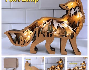 Handgefertigtes 3D-Holzgeschnitztes Fuchs-LED-Licht, Holzwalddekoration, Ornament, leuchtendes Tierlicht, Holzfuchs-Lampendekor, Holztierlicht