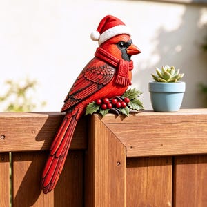 Könnte beinhalten: Eine rote Kardinalvogel-Figur mit einer rot-weißen Weihnachtsmütze und einem passenden roten Schal. Der Vogel sitzt auf einem Bündel grüner Stechpalmenblätter mit roten Beeren. Daneben steht ein kleiner hellblauer Topf mit einer grünen Sukkulente.